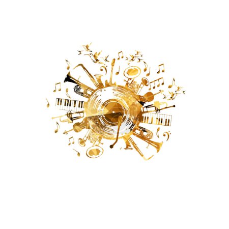 Illustration for Music background with golden music instruments and vinyl record disc - Royalty Free Image