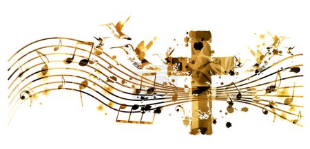 Illustration for Creative music style template vector illustration, golden cross with music staff and notes background. - Royalty Free Image