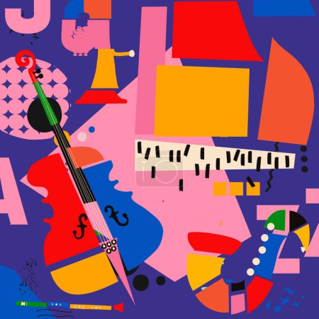 Illustration for Multicolored hand-drawn jazz music session poster. Artsy promo flyer or invitation. Colorful concert event doodle background with musical instruments. - Royalty Free Image
