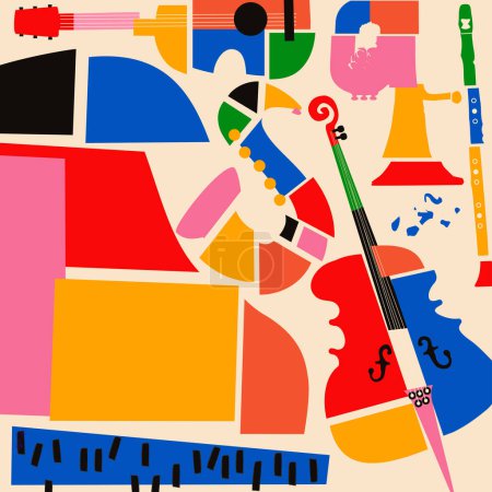 Illustration for Multicolored hand-drawn jazz music session poster with piano, sax, guitar, trumpet and violoncello. Artsy promo flyer or invitation. Colorful concert event doodle background with musical instruments - Royalty Free Image