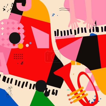 Musik bunten Hintergrund mit Trompete und Klavier isolierte Vektorillustration. Geometrisches Musikfestival-Plakat, kreatives Musikinstrumentendesign