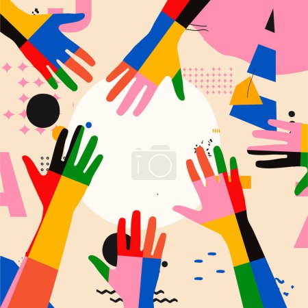 Illustration for Colorful human hands vector illustration. Charity and help, volunteerism, social care and community support concepts. - Royalty Free Image