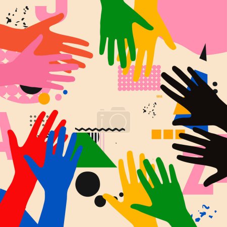 Téléchargez les illustrations : Illustration vectorielle des mains humaines colorées. Charité et aide, bénévolat, aide sociale et soutien communautaire. - en licence libre de droit