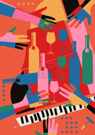 Téléchargez les illustrations : Affiche plate colorée dessinée à la main pour un cocktail avec musique live. - en licence libre de droit
