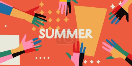 Illustration for Summer background with hands. Simple collage banner. - Royalty Free Image