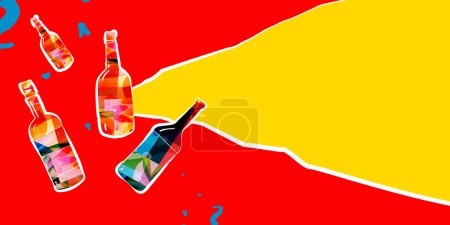 Retro abstract creative artwork template collage with bottles.
