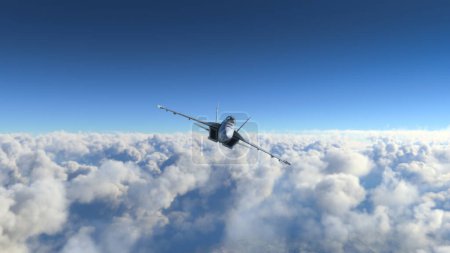 Militar aircraft flying over the clouds 