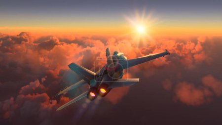 Militar avión volando sobre las nubes en la puesta del sol increíble