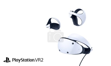 Téléchargez les photos : Playstation VR2 with controlllers isolated on white background 3D illustration, 9 Fev, 2023, Sao Paulo, Brazil - en image libre de droit