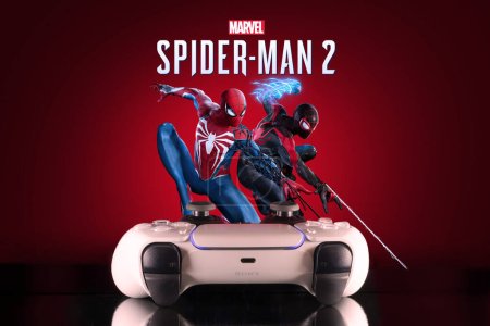 Photo for Spider-Man 2 logo with Playstation 5 controller, 7 Aug, 2023, Sao Paulo, Brazil - Royalty Free Image