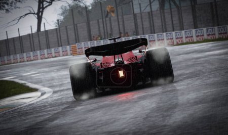 Foto de Ferrari F1 coche corriendo bajo la lluvia - Ilustración 3D, 12 Ago, 2023, Sao Paulo, Brasil. - Imagen libre de derechos