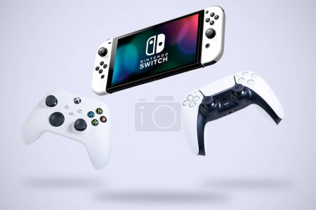Foto de Nintendo Switch, Xbox y Playstation sobre fondo blanco, ilustración 3D, 4 ene 2024, Sao Paulo, Brasil. - Imagen libre de derechos