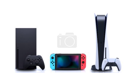 Actual Generation of gamming consoles and controllers on white background