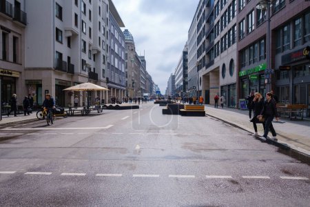 Photo for Berlin, Germany - April 19, 2023 : Panoramic view of the pedestrian popular street, Friedrichstrasse, in the center of Berlin Germany - Royalty Free Image