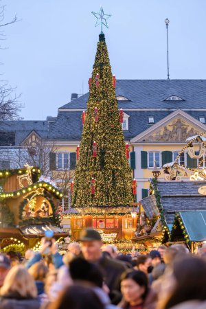Foto de Bonn, Alemania - 16 de diciembre de 2023: Vista de un hermoso árbol de Navidad alto en el mercado de Navidad en Bonn Alemania - Imagen libre de derechos
