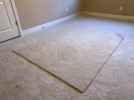 Wide angle view of a large square of carpet in the middle of an empty bedroom