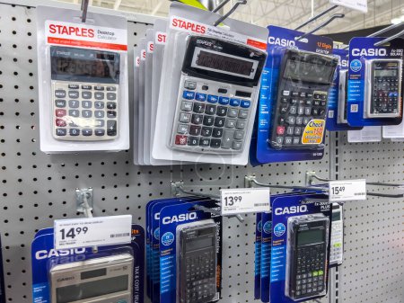Photo for Seattle, WA USA - circa November 2022: Close up view of calculators for sale inside a Staples store - Royalty Free Image