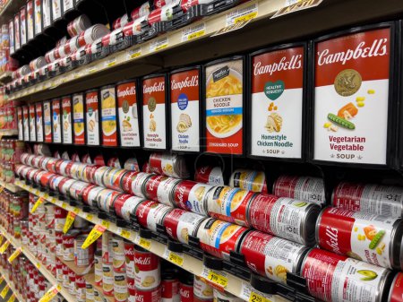 Photo for Woodinville, WA USA - circa December 2022: Angled, selective focus on Campbells canned soup products for sale inside a Haggen grocery store. - Royalty Free Image