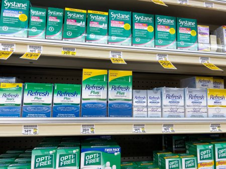 Photo for Everett, WA USA - circa December 2022: Close up view of eye drops and disinfecting contact solution for sale inside an Albertsons grocery store. - Royalty Free Image