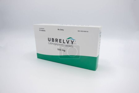 Photo for Seattle, WA USA - circa July 2022: Close up, selective focus on Ubrelvy medication against a white background. - Royalty Free Image