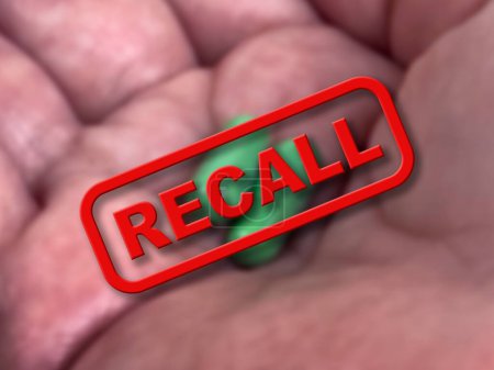 Blurred background of prescription medicine with the word Recall in the foreground