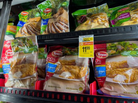Téléchargez les photos : Woodinville, WA USA - circa December 2022: Close up view of frozen chicken products for sale in the freezer section of a grocery store. - en image libre de droit