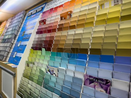 Photo for Seattle, WA USA - circa December 2022: Angled view of paint swatch cards inside the paint department inside a Walmart store. - Royalty Free Image