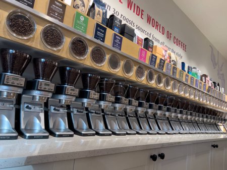Photo for Lynnwood, WA USA - circa January 2023: Angled view of an assortment of coffee beans for sale inside a Seattle Coffee Gear shop. - Royalty Free Image