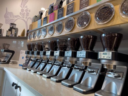 Photo pour Lynnwood, WA USA - circa January 2023: Angled view of an assortment of coffee beans for sale inside a Seattle Coffee Gear shop. - image libre de droit
