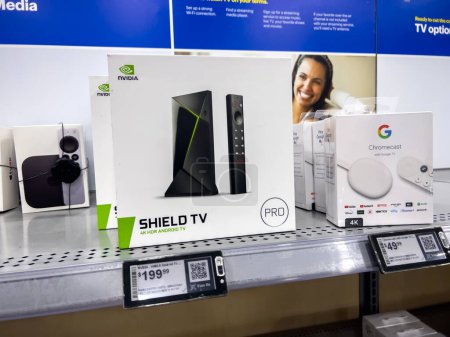 Photo for Lynnwood, WA USA - circa March 2023: Close up view of remote tv media products for sale inside a Best Buy store. - Royalty Free Image