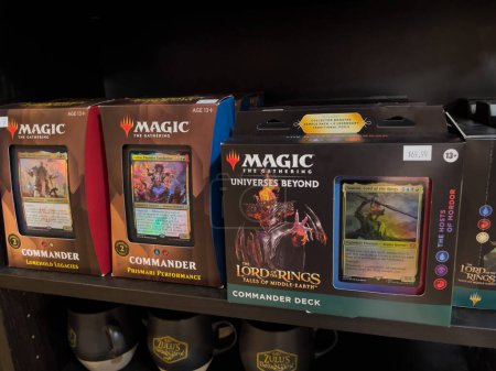 Photo for Bothell, WA USA - circa April 22, 2024: Close up of a variety of Magic the Gathering card decks for sale inside a board game cafe. - Royalty Free Image