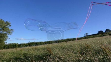 Foto de Burbuja de jabón gigante con una varita de burbuja en un campo en verano - Imagen libre de derechos