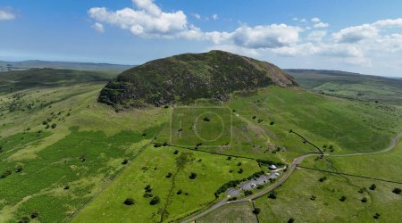 Photo for Aerial view of Information Centre Interpretation Boards and washroom facilities with Parking area at Slemish Mountain Co Antrim Northern Ireland where St Patrick worked as a boy - Royalty Free Image