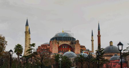 An impressive view of Hagia Sophia's domes and minarets, showcasing its rich history and architectural grandeur. This iconic landmark in Istanbul stands as a testament to Byzantine and Ottoman heritage, framed by lush greenery and a serene atmosphere