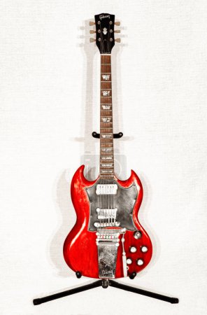 Foto de Vintage 1966 Gibson SG guitarra sólida estándar en color rojo cereza herencia con protector de selección de bateo negro hecho en fábrica original en Kalamazoo Michigan U.S.A. Aislado sobre fondo blanco - Imagen libre de derechos