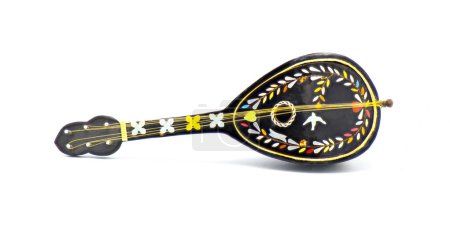 black old antique bouzouki mandolin toy music box with multi colored ornate inlay of yellow, blue, red, pink, orange, blue and cat gut strings with a round sound hole isolated on white background