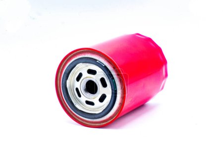 Photo for Oil Car filter generic isolated white background, red color closeup side view. Maintenance on auto vehicle motor or engine Bottom view - Royalty Free Image