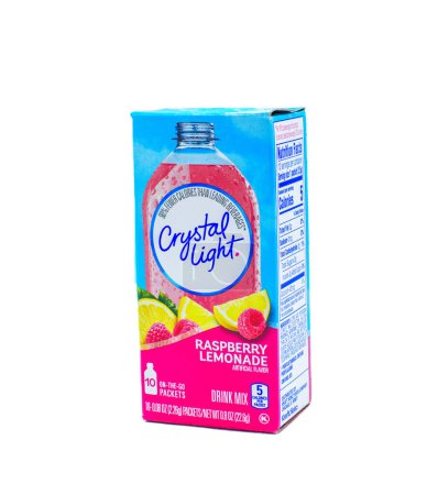 Photo for Ocala, Florida - November 22 2023 strawberry lemonade flavor Crystal Light drink mix to flavor water box isolated on white background. Citrus fruit juice. Cardboard box container with single packets - Royalty Free Image