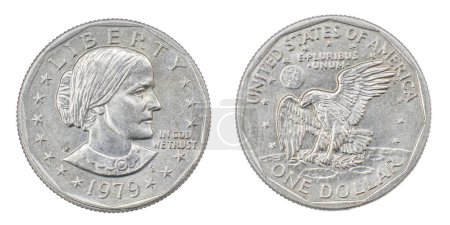 1979 P FG Susan B. Anthony Dollar front and back side. First circulating US coin to feature a woman, produced 79-81 and 99. Depicts suffragist Susan B. Anthony. Perfect for Women Rights discussions.