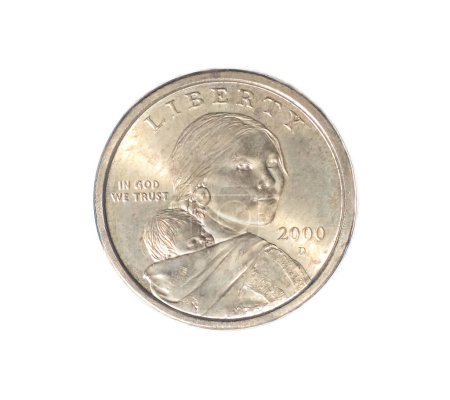 Téléchargez les photos : Rare or couleur 2000 D Sacagawea Dollar Coin de Denver menthe. Face avant faciale isolée sur fond blanc. C'était une femme Lemhi Shoshone qui a aidé l'expédition Lewis et Clark en Louisiane. - en image libre de droit