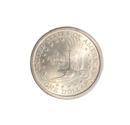 Téléchargez les photos : Rare or couleur 2000 D Sacagawea Dollar Coin de Denver menthe. face arrière inversée isolée sur fond blanc. C'était une femme Lemhi Shoshone qui a aidé l'expédition Lewis et Clark en Louisiane. - en image libre de droit