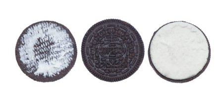 Photo for Ocala, FL January 5, 2024 Oreo sandwich cookie biscuit traditional flavor chocolate and vanilla cream double stuff. stacked and separated showing icing and top view isolated on white background - Royalty Free Image