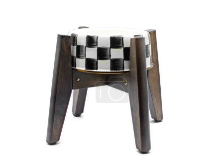 Black and white checkered cat or dog water or food bowl Courtly Check Medium staineless steel Pet Dish up on wooden stand for medium to large size canine or feline,  isolated on white background