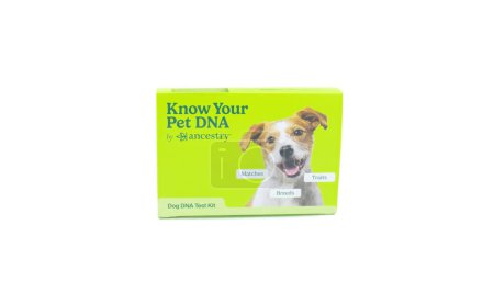 Photo for Ocala, FL 3-11-2024 Know your Pet animal dog or cat DNA by ancestry swab test kit showing green and white box with return package, Isolated on white background - Royalty Free Image