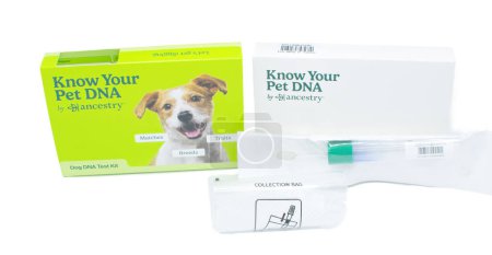 Photo for Ocala, FL 3-11-2024 Know your Pet animal dog or cat DNA by ancestry swab test kit showing green and white box with return package, collection bag and swab. Isolated on white background - Royalty Free Image