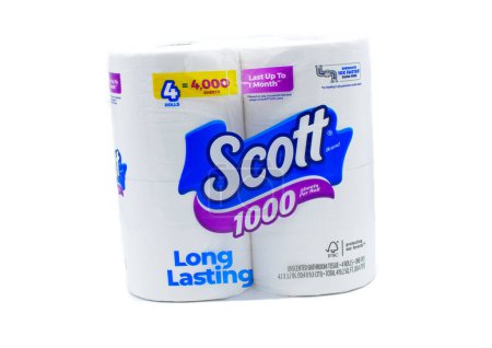 Photo for Ocala, Florida March 22, 2024 Scott long lasting unscented toilet paper bathroom tissue 1000 sheets per roll dissolves ten times faster for less clogging isolated on white background - Royalty Free Image