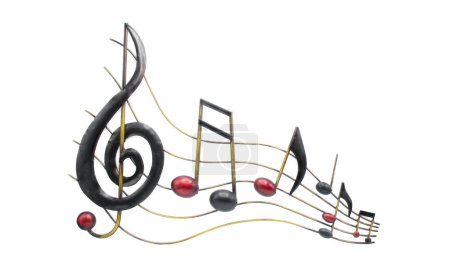 Foto de metal musical decimosexto, octavo, cuarto de notas con clave de agudos en onda o movimientos ondulados que fluyen sonidos hechos con aluminio de latón con colores negro y rojo. Aislado sobre fondo blanco