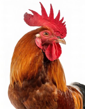 Foto de Joven marrón Rhode Island gallina roja gallo retrato con peine largo y cascabeles vista de perfil lateral, aislado sobre fondo blanco - Imagen libre de derechos