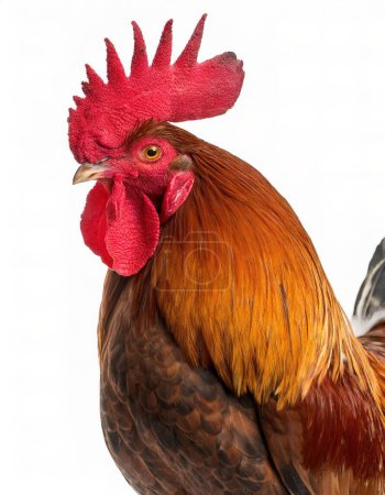 Foto de Joven marrón Rhode Island gallina roja gallo retrato con peine largo y cascabeles vista de perfil lateral, aislado sobre fondo blanco - Imagen libre de derechos