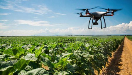 Moderne Technologien in der Landwirtschaft. Eine Industrie-Drohne fliegt über ein grünes Feld und versprüht nützliche Pestizide, um die Produktivität zu steigern und schädliche Insekten zu vernichten. Steigerung der Produktivität